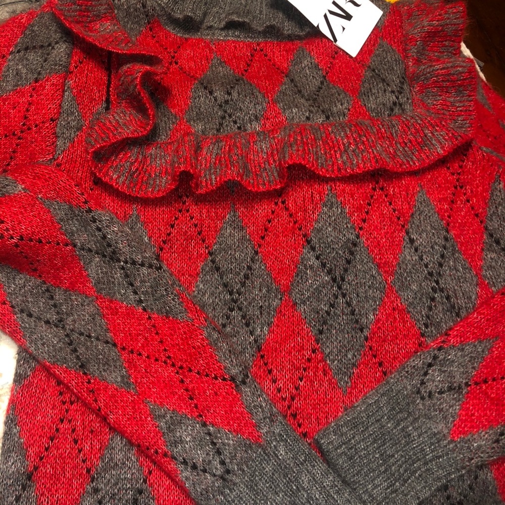 Zara Red and Gray Argyle Turtleneck Sweater with Ruffle Detail - Picture 2 of 4